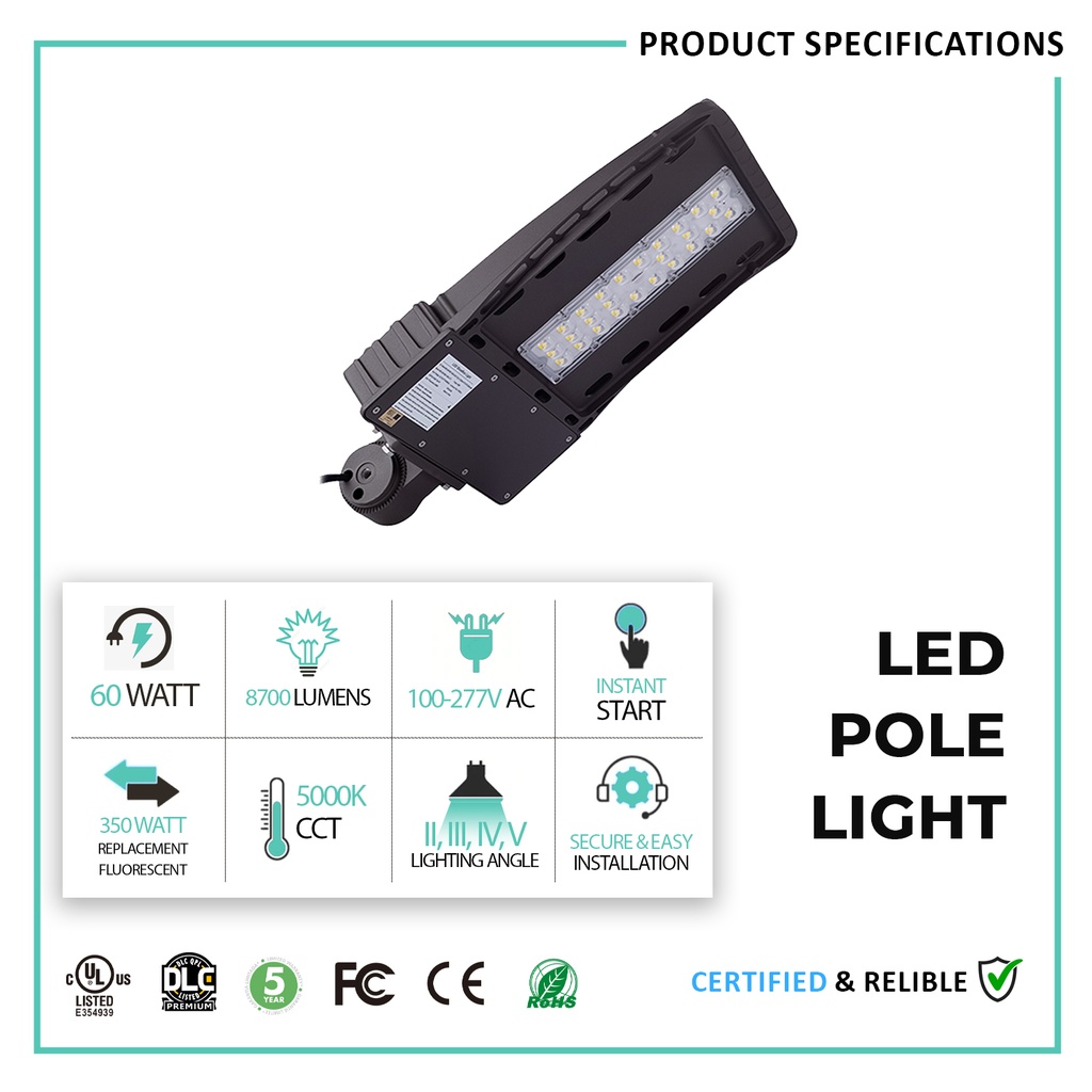 LED Street Light -5700K-Shorting Cap - Direct Mount - UL+DLC